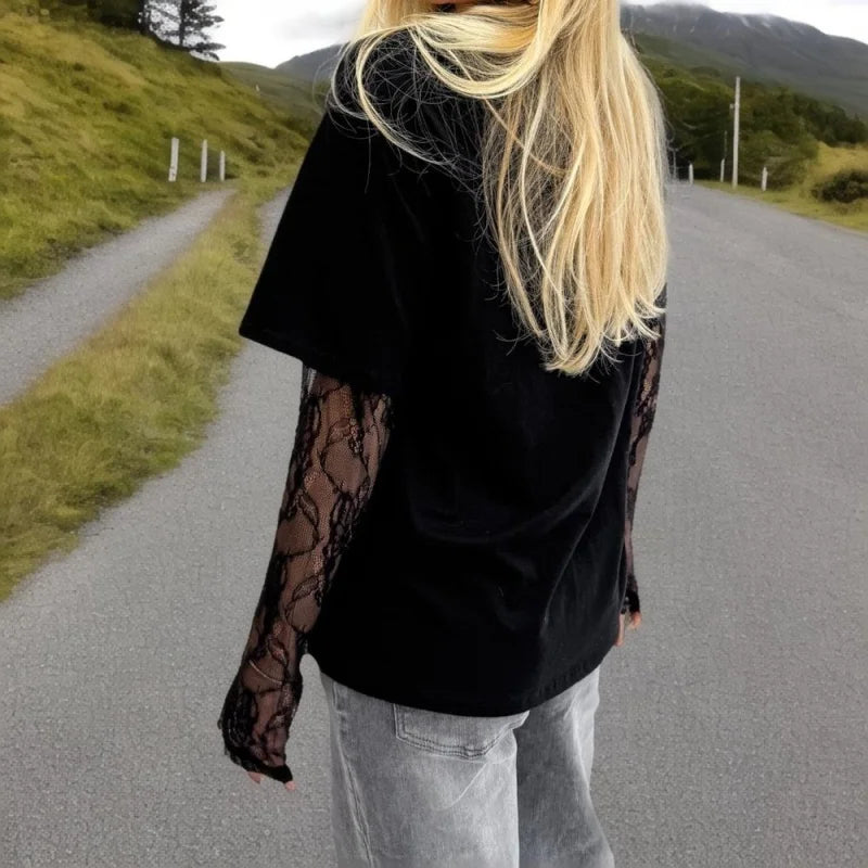 Lamuusaa y2k Tops for Women Aesthetic Clothing Lace Patchwork Round Neck Long Sleeve T Shirts 2000s Coquette Clothes Streetwear