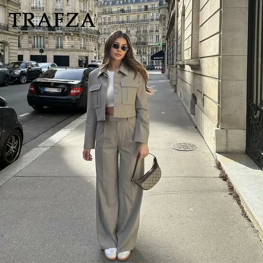 TRAFZA 2024 Spring Summer Casual Women Solid Suits Fashion Streetwear Pockets Turn-down Collar Short Jackets+Chic Wide leg pants