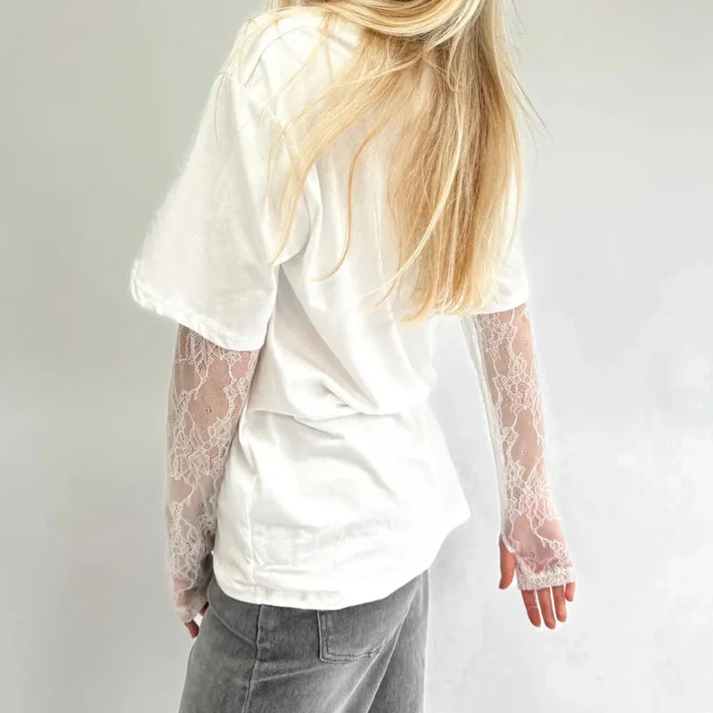 Lamuusaa y2k Tops for Women Aesthetic Clothing Lace Patchwork Round Neck Long Sleeve T Shirts 2000s Coquette Clothes Streetwear