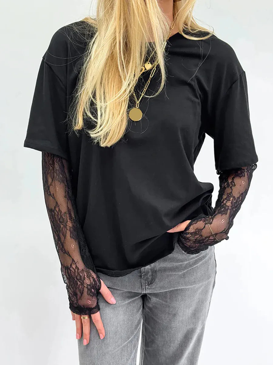Women Round Neck T-Shirt Lace Long Sleeve Casual Shirts Spring Fall Loose Fit Tops Ladies Solid Color Tee for Streetwear Y2K 00s