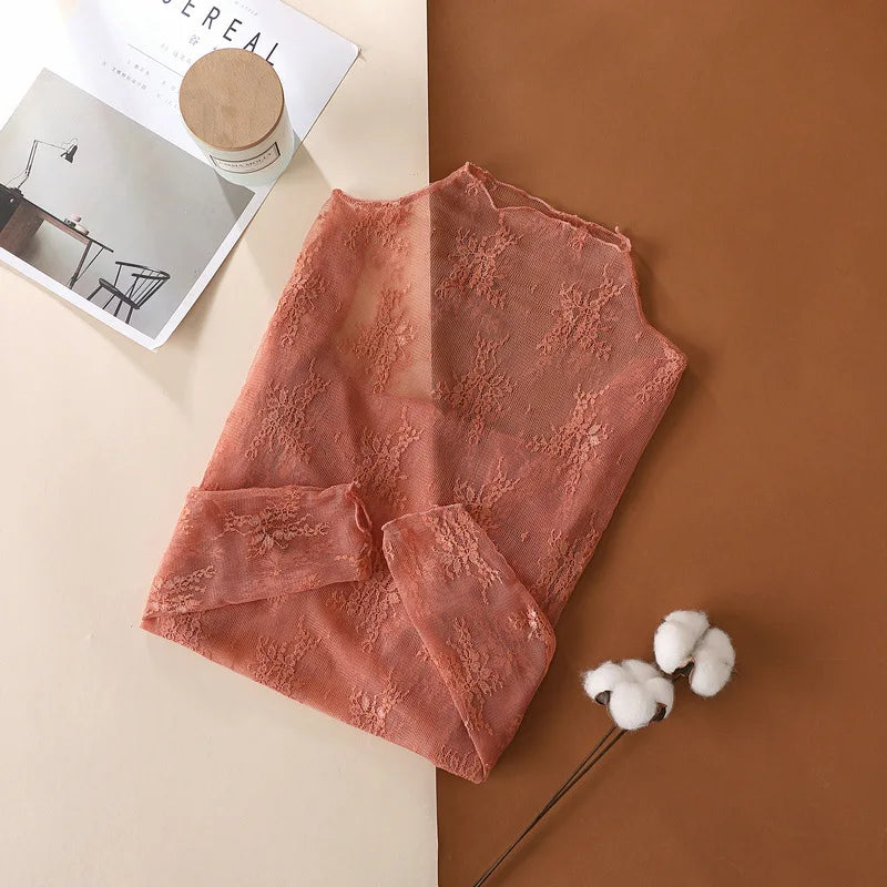 Elegant Sexy Women's Mesh T-Shirts Long Sleeve Lace See Through Blouse Versatile Bottoming Shirt Girls Sheer Tees Body Crop Top