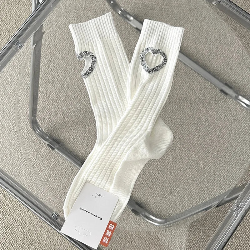 3Pairs of Luxury Decorative Hot Diamond Hollow Love Spring and Summer Thin Women's Cotton Socks