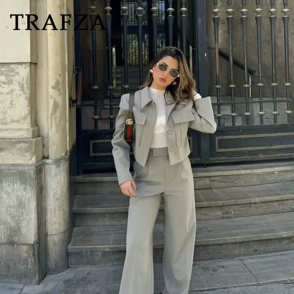 TRAFZA 2024 Spring Summer Casual Women Solid Suits Fashion Streetwear Pockets Turn-down Collar Short Jackets+Chic Wide leg pants