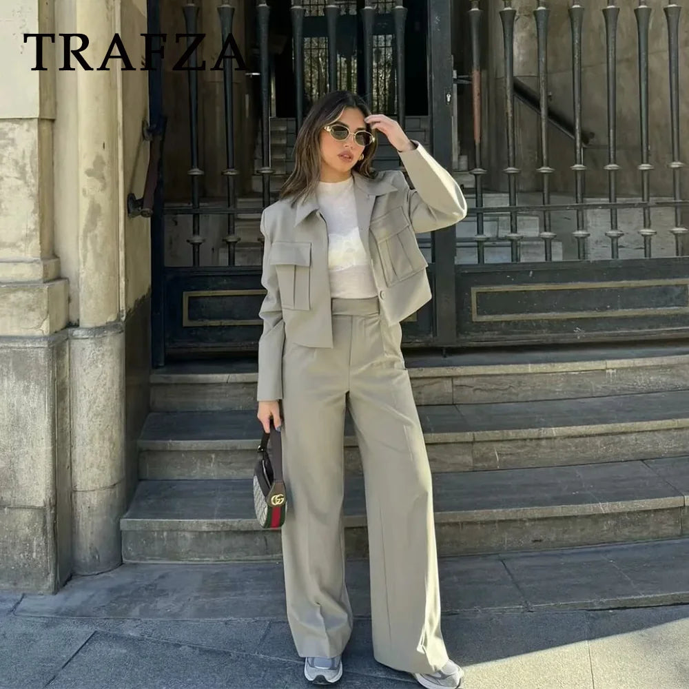 TRAFZA 2024 Spring Summer Casual Women Solid Suits Fashion Streetwear Pockets Turn-down Collar Short Jackets+Chic Wide leg pants