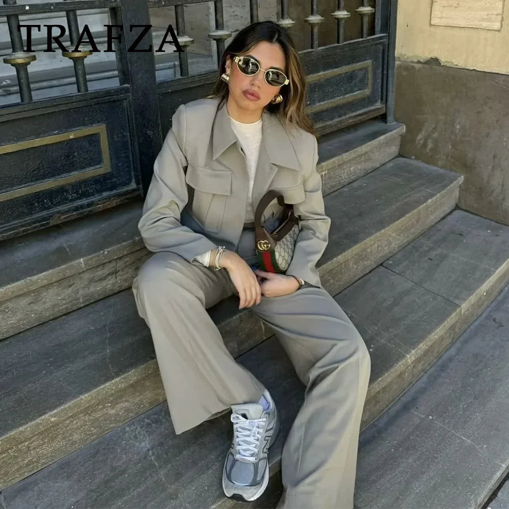 TRAFZA 2024 Spring Summer Casual Women Solid Suits Fashion Streetwear Pockets Turn-down Collar Short Jackets+Chic Wide leg pants