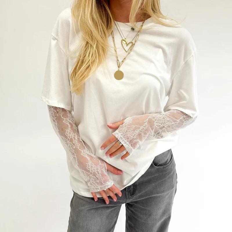 Lamuusaa y2k Tops for Women Aesthetic Clothing Lace Patchwork Round Neck Long Sleeve T Shirts 2000s Coquette Clothes Streetwear