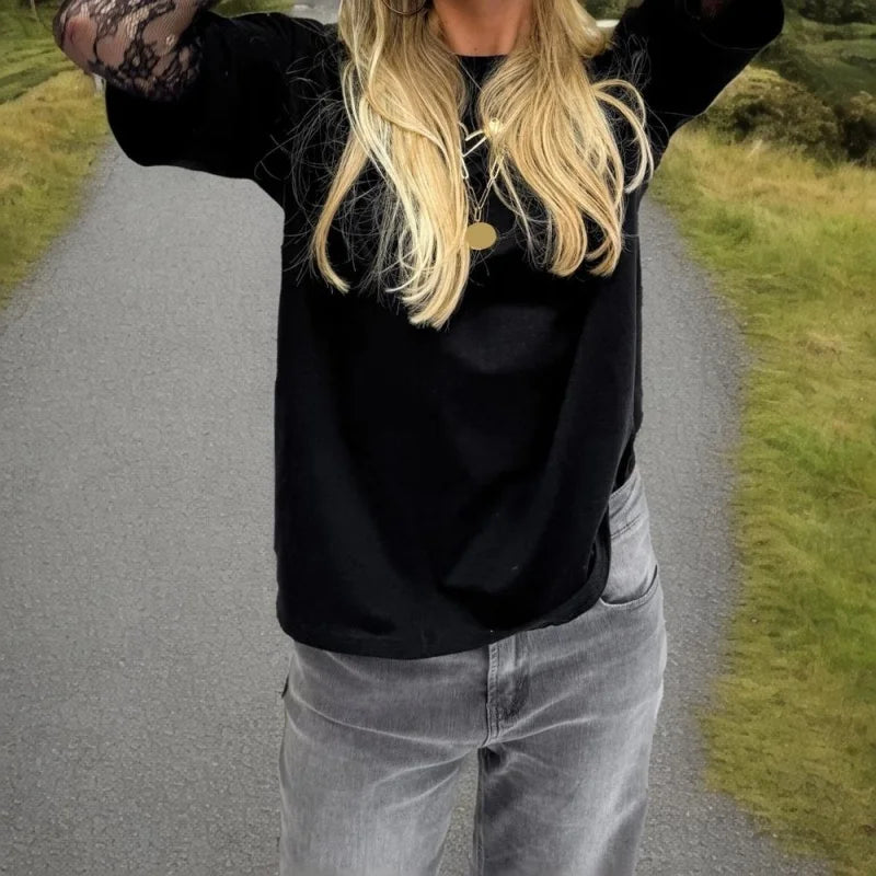 Lamuusaa y2k Tops for Women Aesthetic Clothing Lace Patchwork Round Neck Long Sleeve T Shirts 2000s Coquette Clothes Streetwear