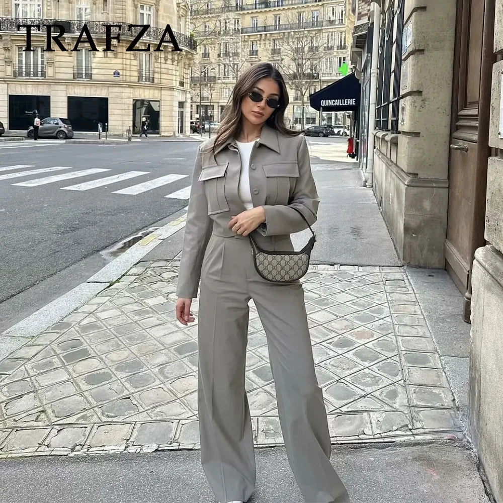 TRAFZA 2024 Spring Summer Casual Women Solid Suits Fashion Streetwear Pockets Turn-down Collar Short Jackets+Chic Wide leg pants