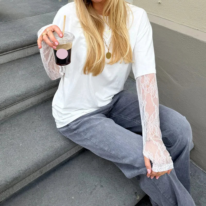 Lamuusaa y2k Tops for Women Aesthetic Clothing Lace Patchwork Round Neck Long Sleeve T Shirts 2000s Coquette Clothes Streetwear