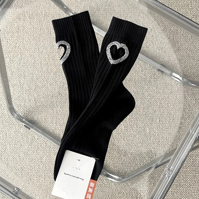 3Pairs of Luxury Decorative Hot Diamond Hollow Love Spring and Summer Thin Women's Cotton Socks