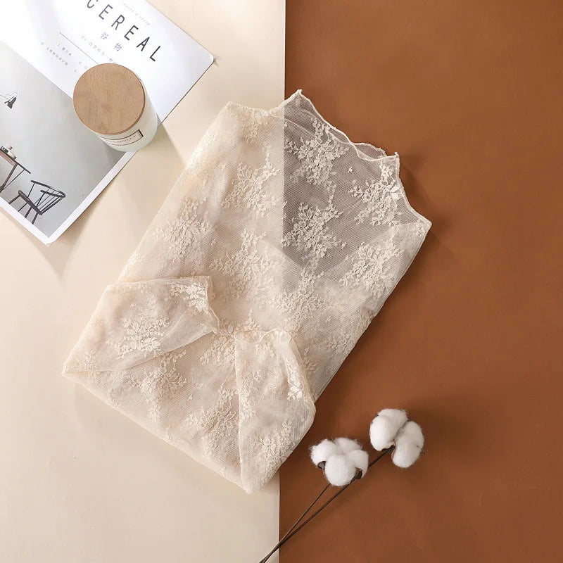 Elegant Sexy Women's Mesh T-Shirts Long Sleeve Lace See Through Blouse Versatile Bottoming Shirt Girls Sheer Tees Body Crop Top