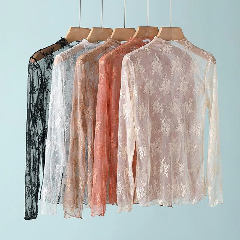 Elegant Sexy Women's Mesh T-Shirts Long Sleeve Lace See Through Blouse Versatile Bottoming Shirt Girls Sheer Tees Body Crop Top