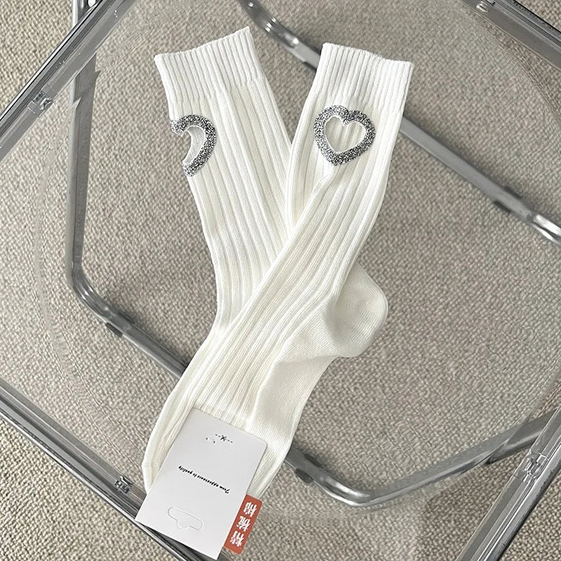 3Pairs of Luxury Decorative Hot Diamond Hollow Love Spring and Summer Thin Women's Cotton Socks