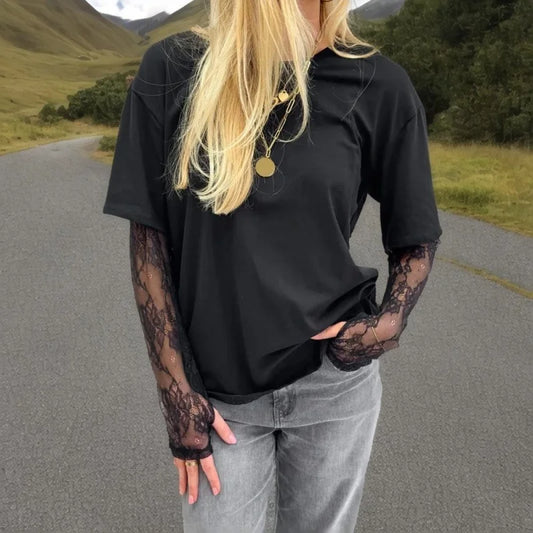 Lamuusaa y2k Tops for Women Aesthetic Clothing Lace Patchwork Round Neck Long Sleeve T Shirts 2000s Coquette Clothes Streetwear